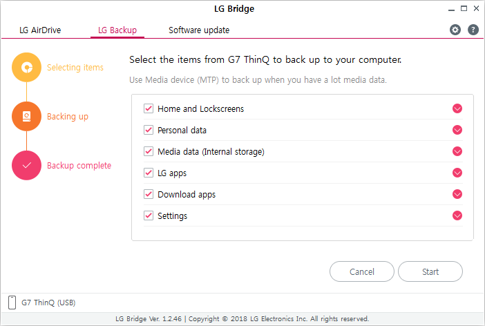 Select the information you want to back up amd click Next